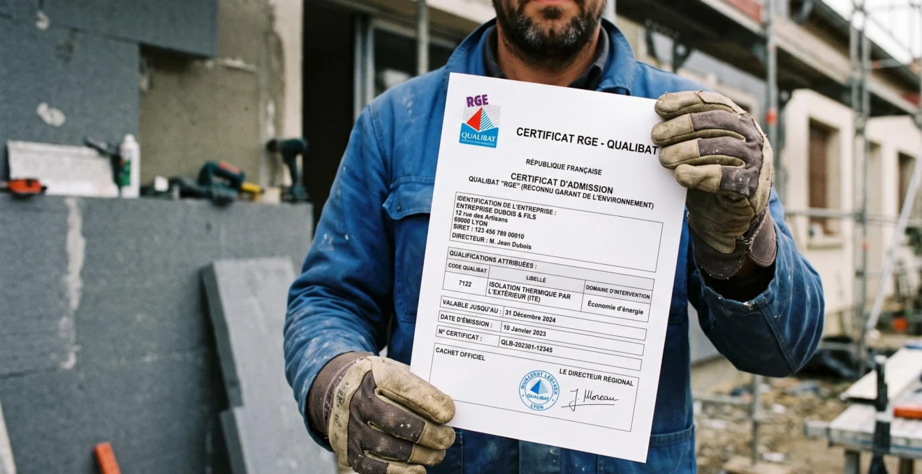 Artisan en tenue de chantier tenant attestation officielle de certification RGE Qualibat avec logo, texte administratif français et tampon visible