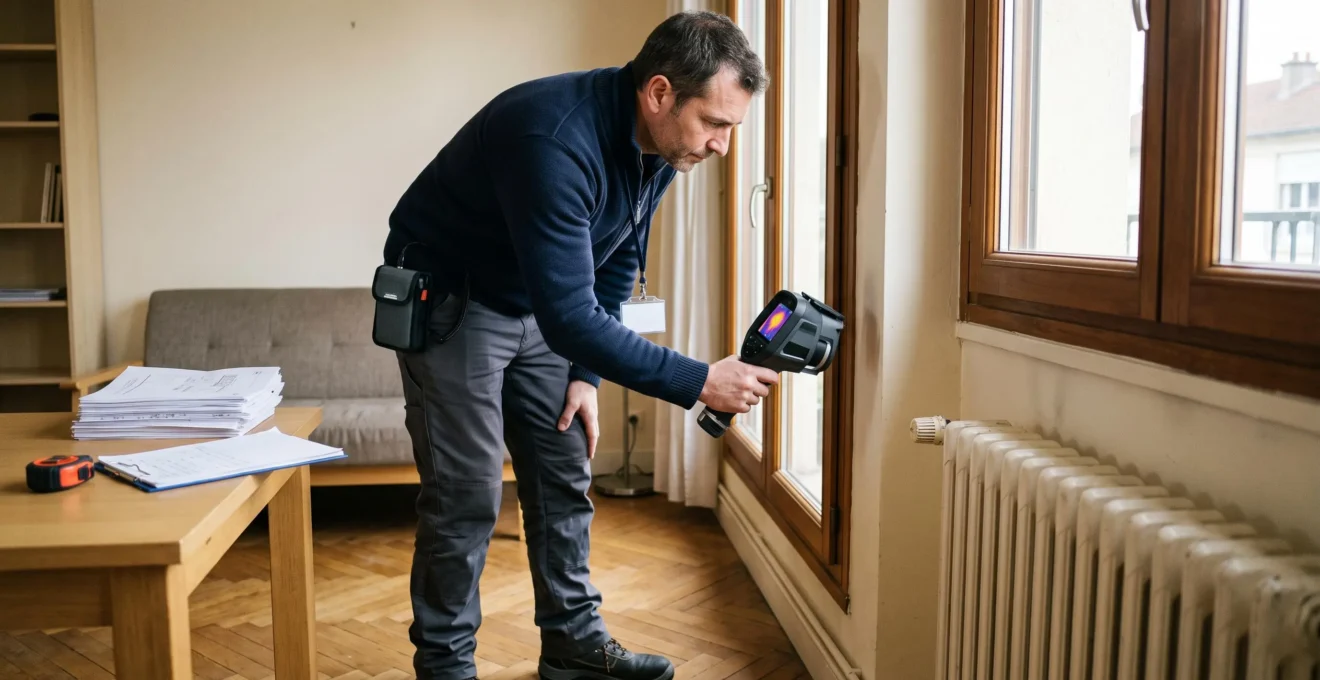 Auditeur énergétique réalisant un diagnostic thermique avec caméra infrarouge dans un logement résidentiel pour préparer un projet de rénovation
