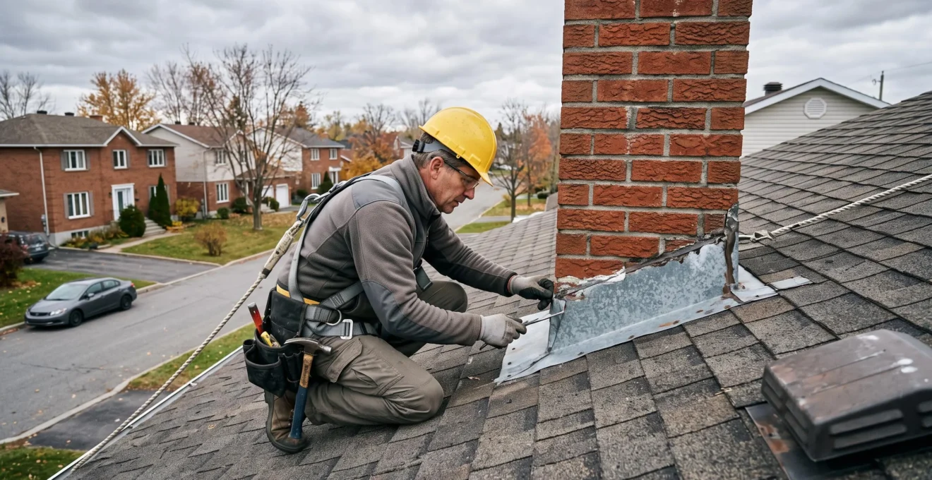Couvreur professionnel en équipement de sécurité inspectant le solin d'une cheminée sur toiture résidentielle en bardeaux au Québec