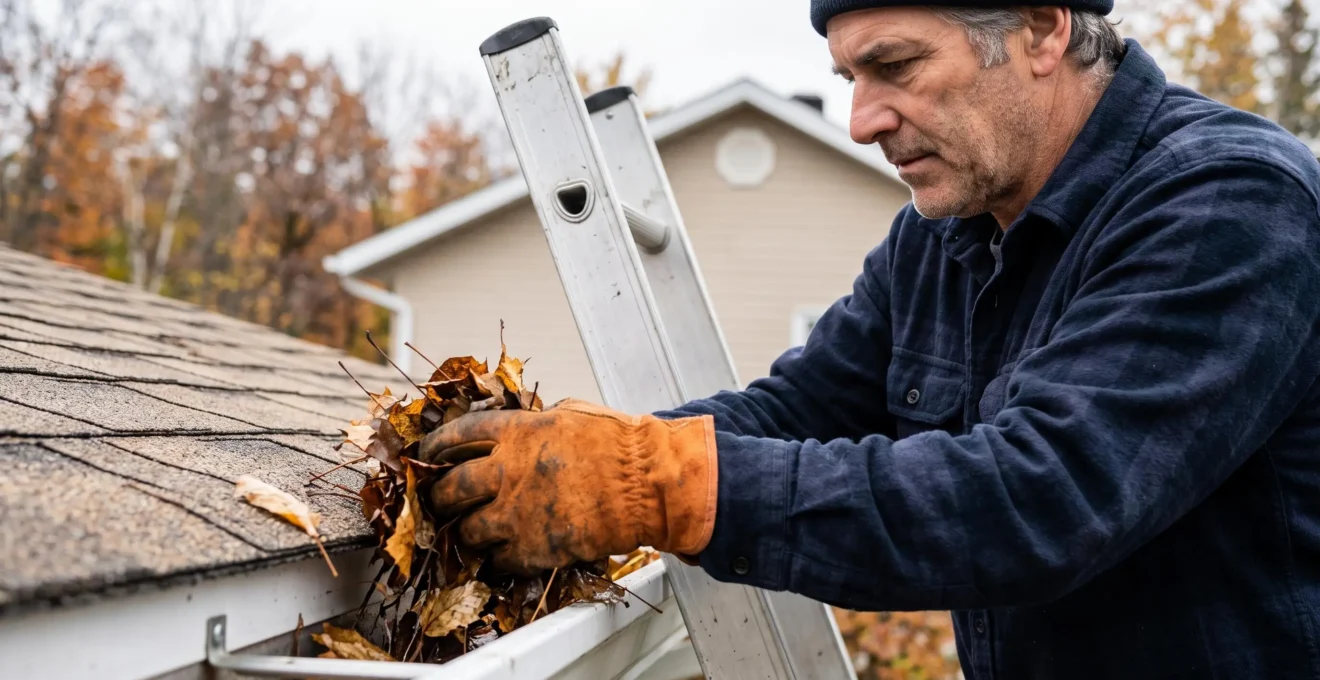 Mains gantées d'un propriétaire retirant feuilles mortes d'une gouttière résidentielle depuis échelle sécurisée en automne