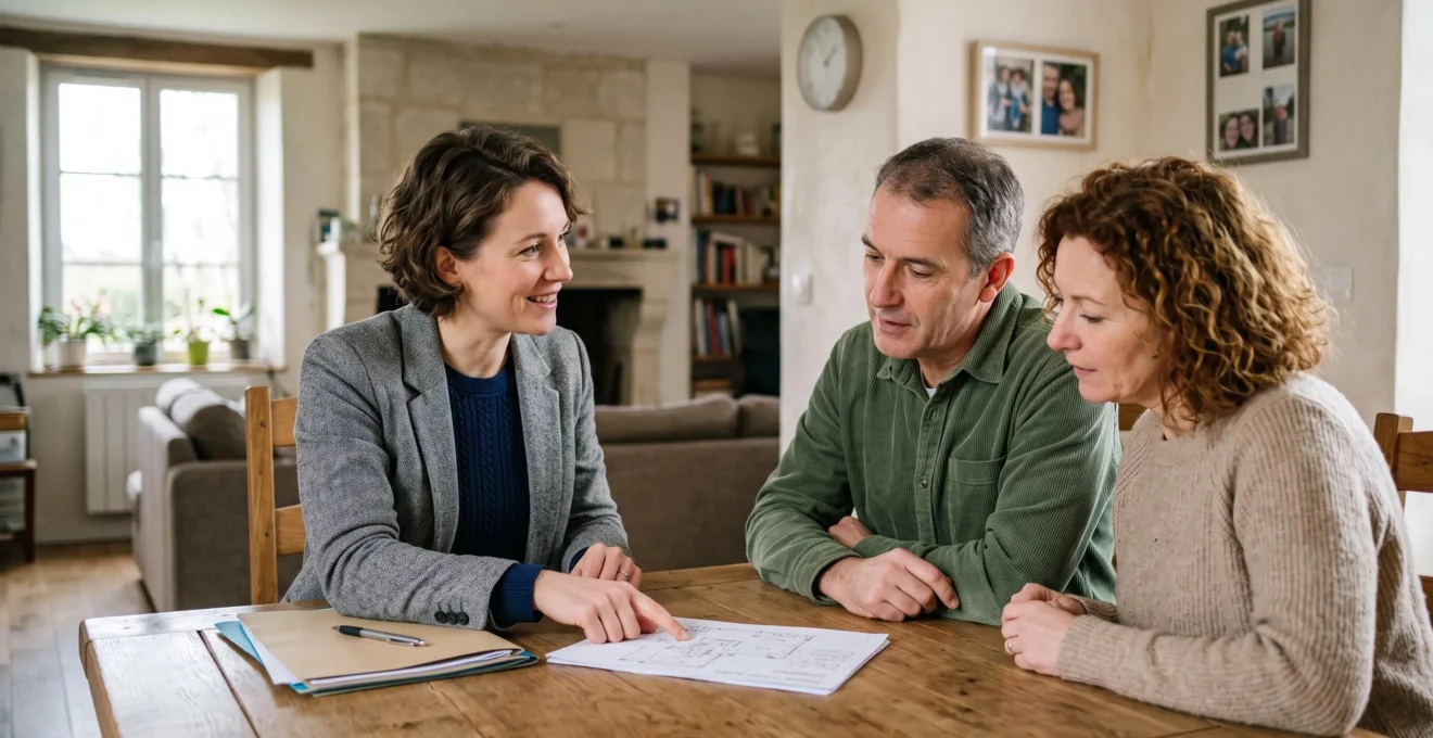 Professionnel RGE expliquant un projet de rénovation énergétique à des propriétaires lors d'une visite technique à domicile avec documents d'audit énergétique