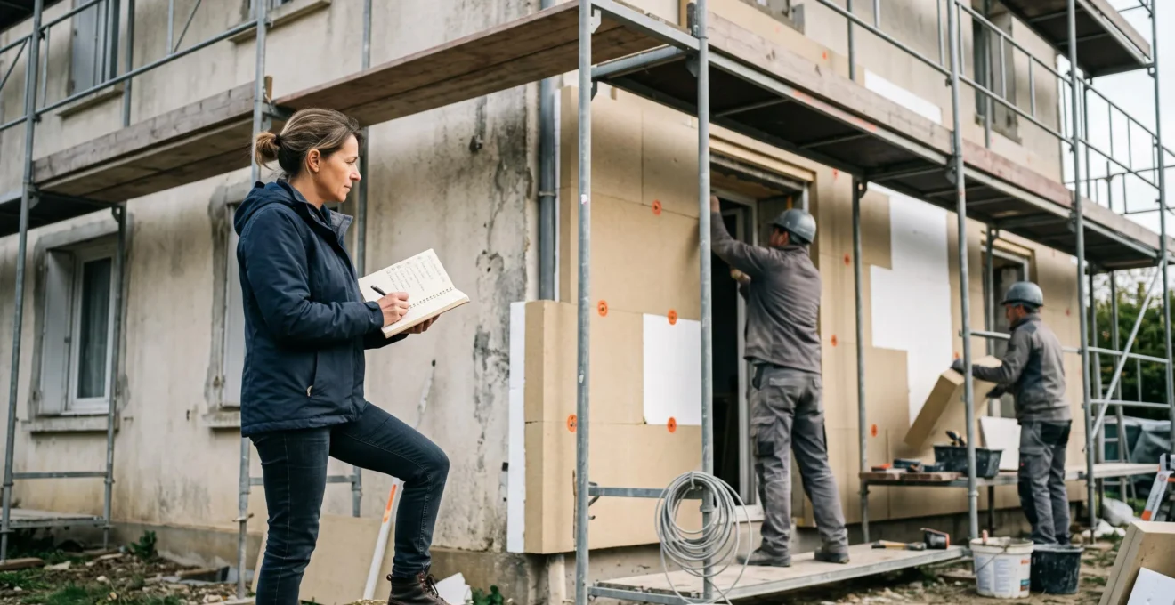 Propriétaire avec checklist papier inspectant façade de maison pendant installation d'isolation extérieure, échafaudage et panneaux isolants visibles