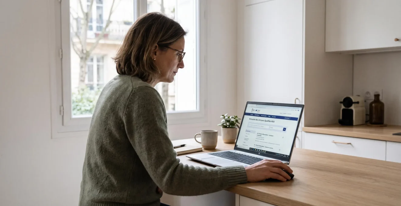 Propriétaire consultant l'annuaire officiel d'artisans RGE sur tablette à domicile, interface france-renov.gouv.fr visible avec liste de résultats en français