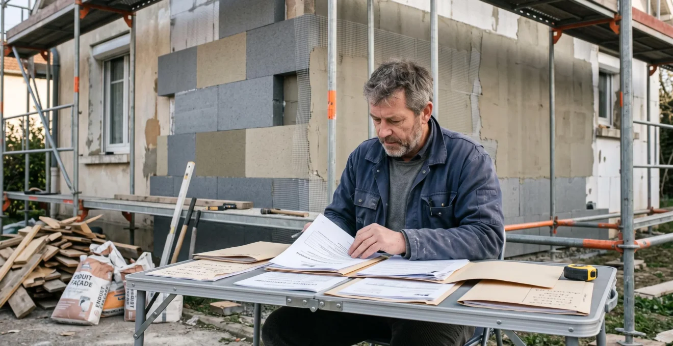Propriétaire consultant plusieurs dossiers de devis et certifications d'artisans à table de chantier extérieure, avec façade de maison en isolation extérieure et échafaudage en arrière-plan