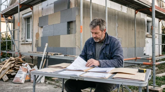 Propriétaire consultant plusieurs dossiers de devis et certifications d'artisans à table de chantier extérieure, avec façade de maison en isolation extérieure et échafaudage en arrière-plan